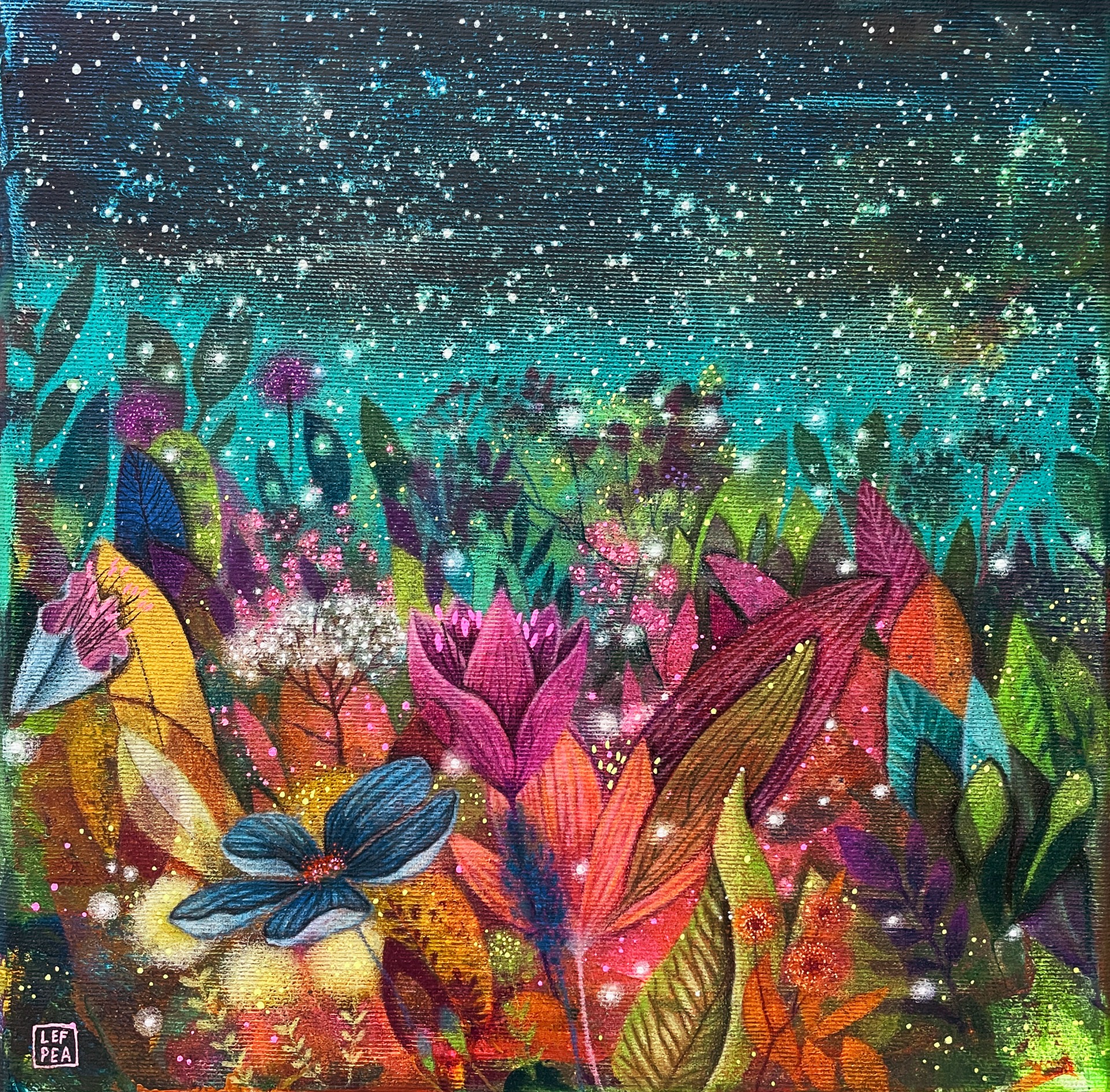 Originální autorský obraz Noční zahrada o velikosti 30x30 cm. Kombinovaná technika na plátně plném květin, barev, světelných odlesků a snové atmosféry. Poetický obraz inspirovaný noční přírodou, fantazií a tichými okamžiky pod hvězdnou oblohou.